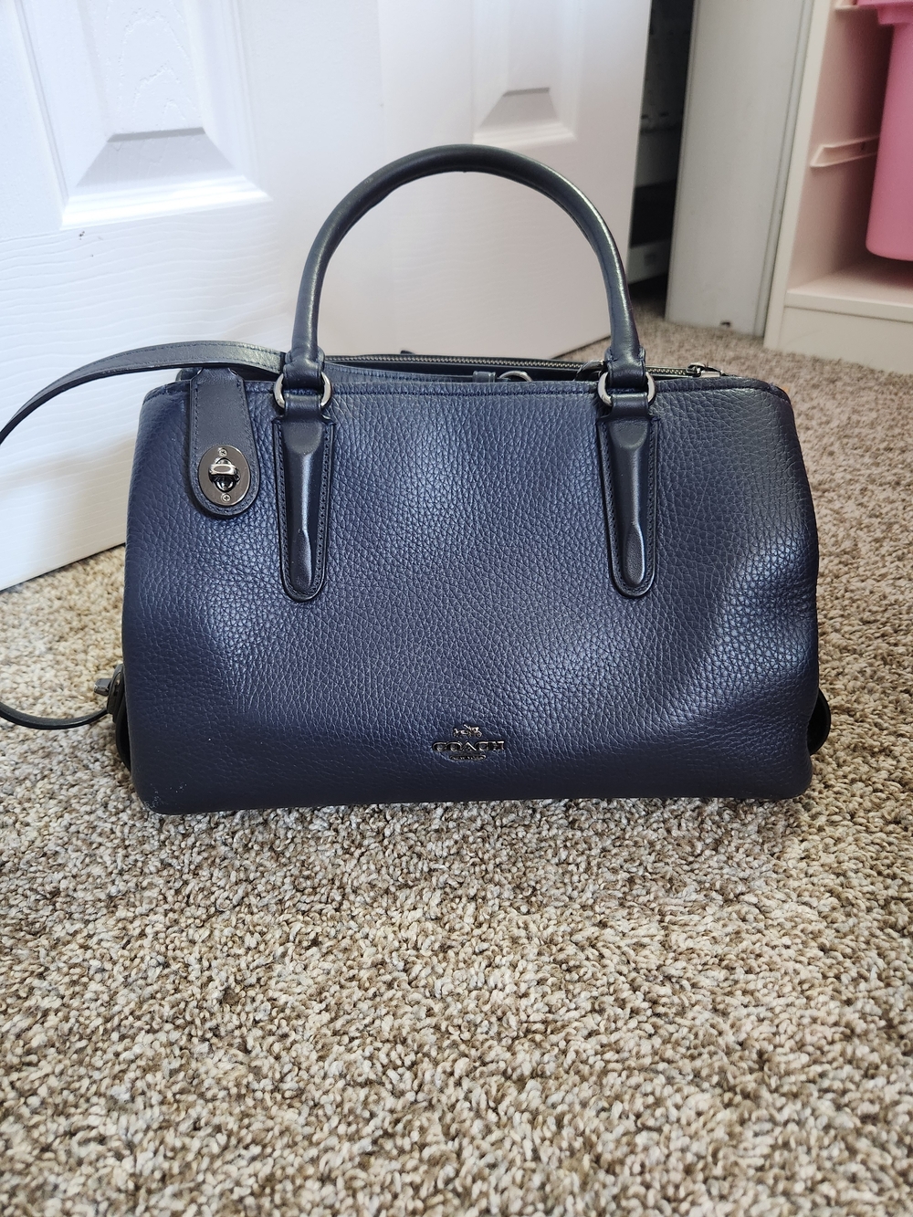 Coach Pebbled Leather Satchel Handbag in Navy